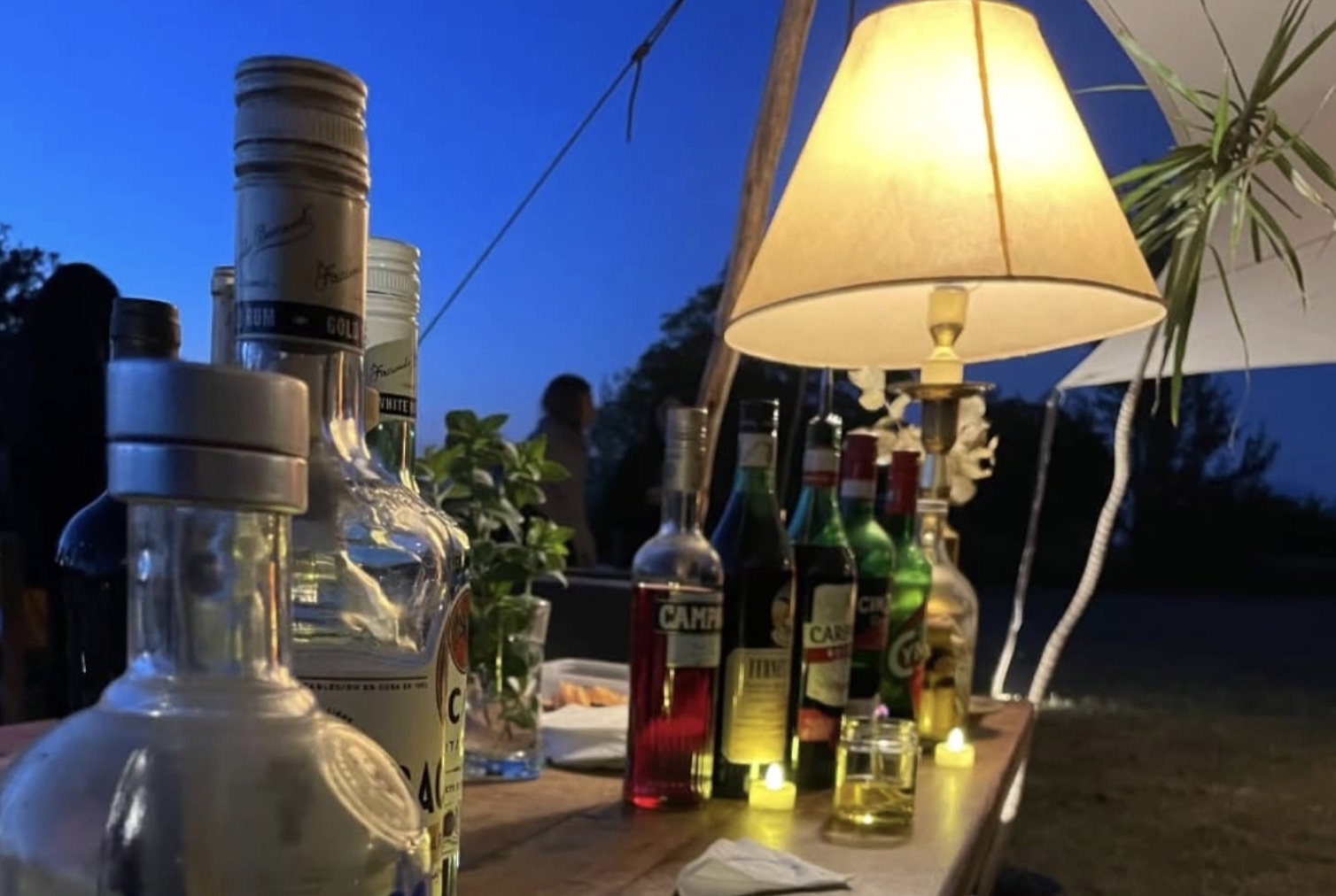 Bar preparado con iluminación cálida